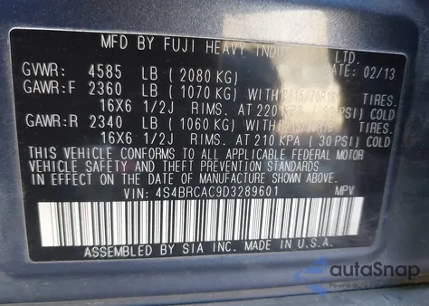 2013 Subaru Outback 2.5I z USA, uszkodzony, nr VIN 4S4BRCAC9D3289601